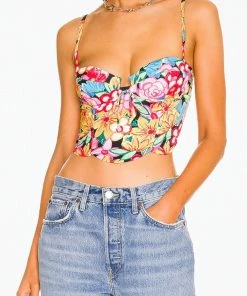 For Love & Lemons women Mallory Floral-Print Bustier Satin Top In Red