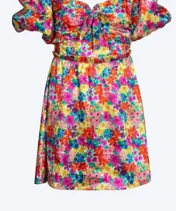 For Love & Lemons women Merrill Puff Sleeve Open-Back Satin Jacquard Mini Dress in Multi