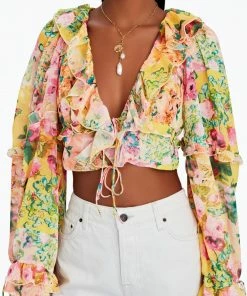 For Love & Lemons women Nina Floral-Print Cropped Chiffon Top In Yellow