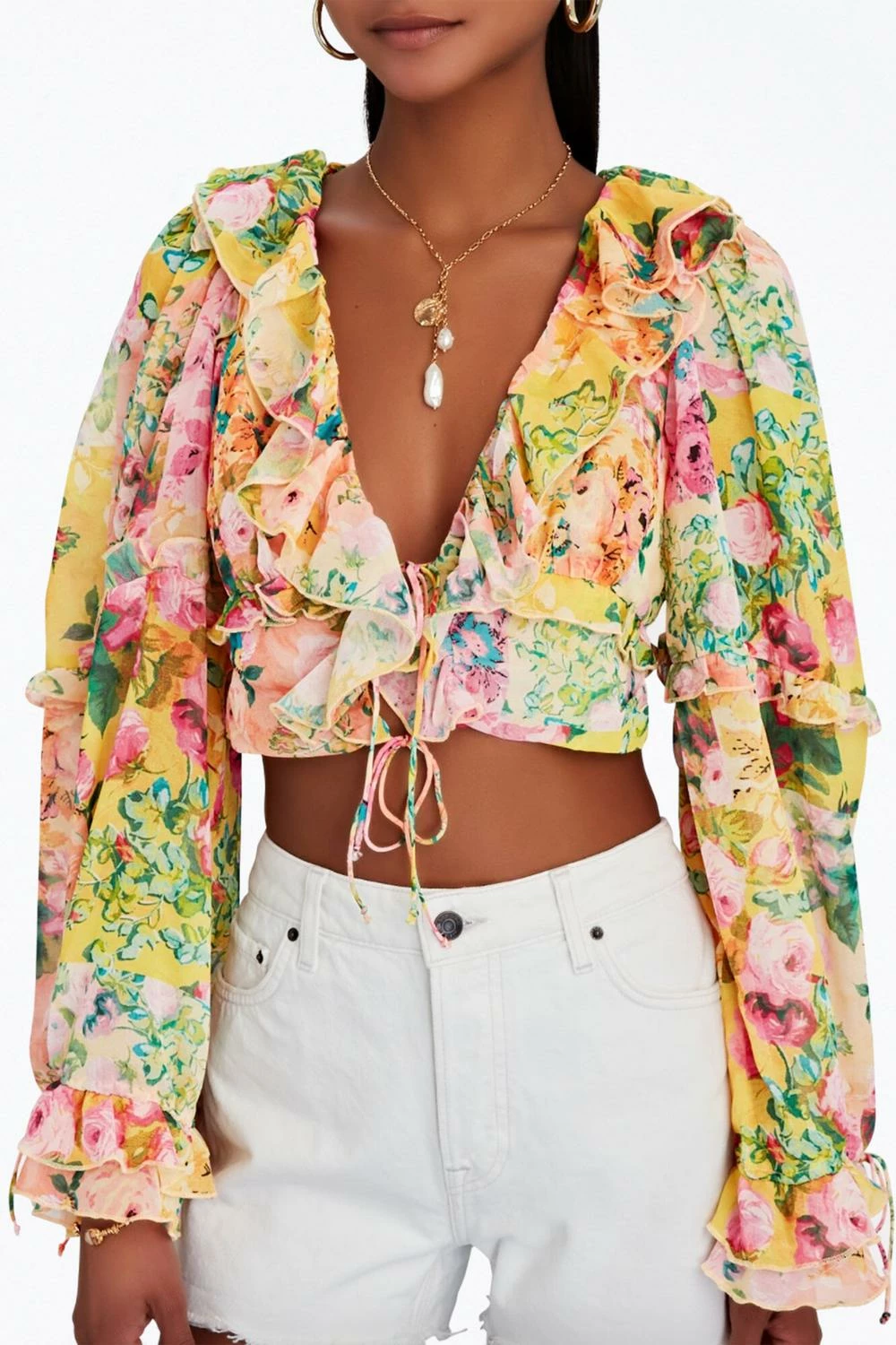 For Love & Lemons women Nina Floral-Print Cropped Chiffon Top In Yellow 1 For Love & Lemons women Nina Floral-Print Cropped Chiffon Top In Yellow