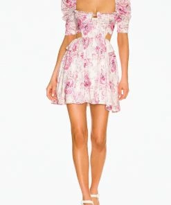 For Love & Lemons women Lucia Cutout Satin Mini Dress in Pink Floral