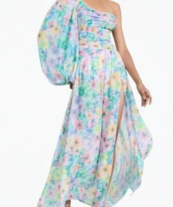 For Love & Lemons women Blaire One-Shoulder Chiffon Maxi Dress In Blue