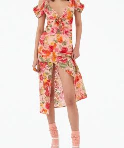 For Love & Lemons women Beth Floral Corded Lace Midi Dress in Pink